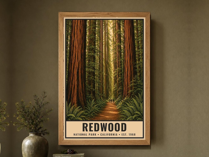 Redwood National Park Poster California Old Growth Forest Trail Vintage Travel Decor Printable Digital Download Wall Art image 1