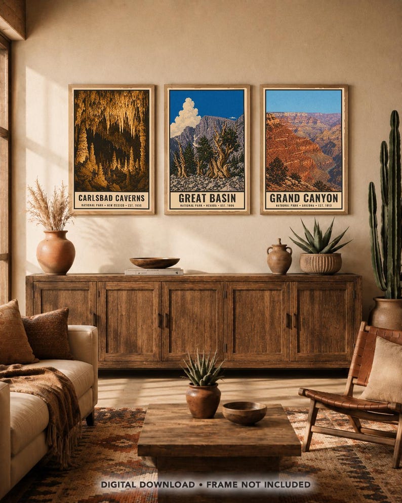 May include: Three rectangular wall art prints featuring illustrations of Carlsbad Caverns, Great Basin, and Grand Canyon National Parks. Each print includes the park name, location, and establishment year in black text at the bottom of the image.