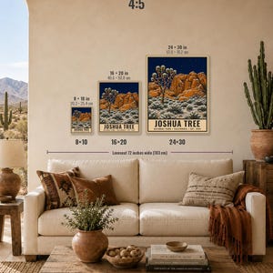 May include: Three rectangular wall art prints featuring a Joshua Tree National Park landscape at night with orange rock formations and a dark blue starry sky. The prints are labeled with sizes 8x10 inches, 16x20 inches, and 24x30 inches. Text reads JOSHUA TREE NATIONAL PARK CALIFORNIA EST 1994.