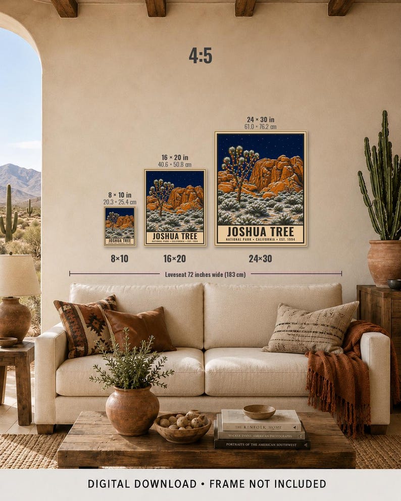 May include: Three rectangular wall art prints featuring a Joshua Tree National Park landscape at night with orange rock formations and a dark blue starry sky. The prints are labeled with sizes 8x10 inches, 16x20 inches, and 24x30 inches. Text reads JOSHUA TREE NATIONAL PARK CALIFORNIA EST 1994.