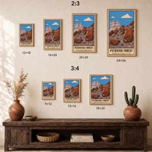 Peut inclure: Une collection de sept affiches murales encadr&eacute;es repr&eacute;sentant le parc national de la for&ecirc;t p&eacute;trifi&eacute;e en Arizona. Les posters montrent un ciel bleu, des nuages blancs et des formations rocheuses rouges. Les tailles indiqu&eacute;es en pouces sont 12x18, 16x24, 20x30, 24x36, 9x12, 12x16 et 18x24. Texte : DIGITAL DOWNLOAD &bull; FRAME NOT INCLUDED.