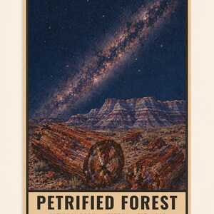 May include: A rectangular poster featuring a night sky filled with stars above a desert landscape with petrified wood logs. The text reads PETRIFIED FOREST NATIONAL PARK ARIZONA EST. 1962. Below the border, the text reads DIGITAL DOWNLOAD FRAME NOT INCLUDED.