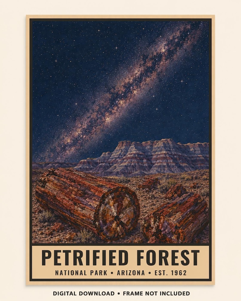 May include: A rectangular poster featuring a night sky filled with stars above a desert landscape with petrified wood logs. The text reads PETRIFIED FOREST NATIONAL PARK ARIZONA EST. 1962. Below the border, the text reads DIGITAL DOWNLOAD FRAME NOT INCLUDED.