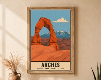 Arches National Park Poster, Delicate Arch Utah Vintage Travel Print, Retro Desert Landscape Wall Art, 1960s WPA Style Printable Decor