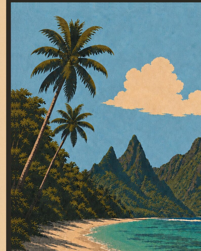 May include: A vintage-style art print depicting a tropical beach scene with two tall palm trees in the foreground, lush green foliage, jagged mountain peaks in the distance, and a single large white cloud set against a clear blue sky.