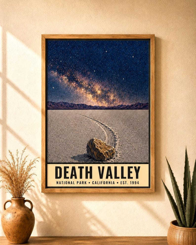 May include: A framed poster featuring a night landscape of Death Valley with a rock on a cracked desert floor, a trail behind it, and a starry sky. The text reads: DEATH VALLEY NATIONAL PARK &bull; CALIFORNIA &bull; EST. 1994 in black on a cream background.