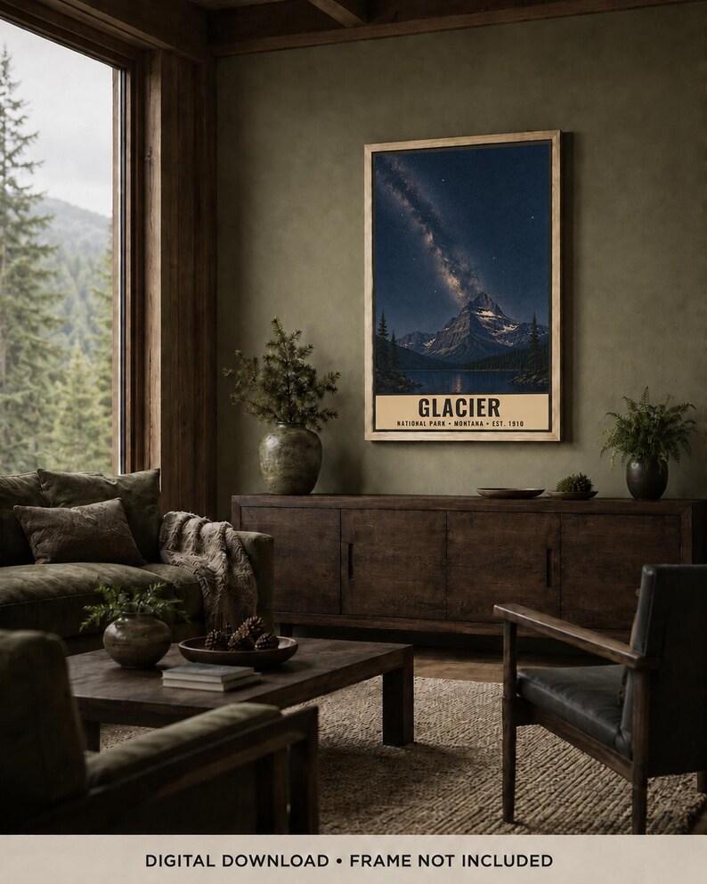 May include: A vertical rectangular wall art print featuring a night landscape of a mountain peak under a starry sky with a visible Milky Way galaxy. The text GLACIER NATIONAL PARK MONTANA EST. 1910 is printed in black at the bottom of the poster.