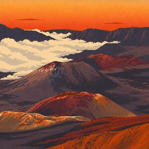 Haleakala National Park Poster, Hawaii Maui Volcano Sunrise Vintage Travel Print, Retro Island Landscape Wall Art, WPA Style Printable image 4