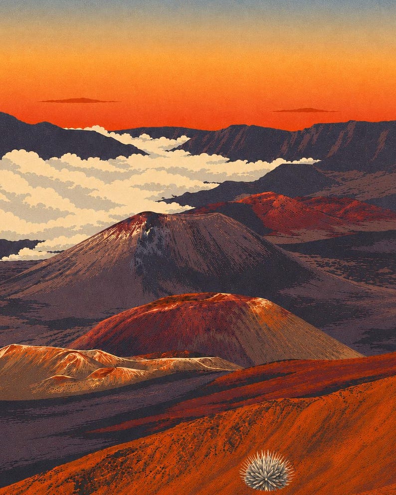 Haleakala National Park Poster, Hawaii Maui Volcano Sunrise Vintage Travel Print, Retro Island Landscape Wall Art, WPA Style Printable image 4