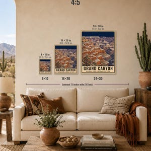 May include: Three rectangular wall art prints of the Grand Canyon National Park, Arizona, established 1919, displayed in sizes 8x10 inches, 16x20 inches, and 24x30 inches. The prints feature a landscape illustration with a dark blue starry sky.