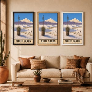 May include: Three vertical wall art prints featuring a landscape of White Sands National Park, New Mexico. Each print displays white gypsum dunes, a tall yucca plant, distant mountains, and a blue sky with clouds. The text reads WHITE SANDS.
