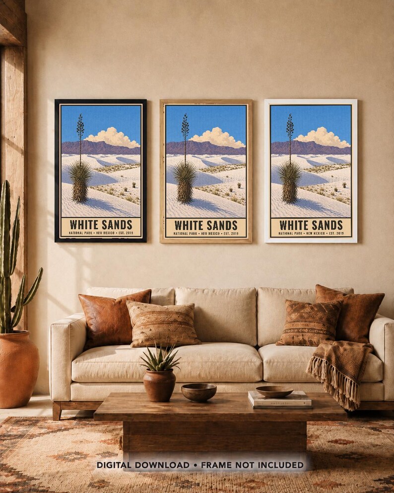 May include: Three vertical wall art prints featuring a landscape of White Sands National Park, New Mexico. Each print displays white gypsum dunes, a tall yucca plant, distant mountains, and a blue sky with clouds. The text reads WHITE SANDS.