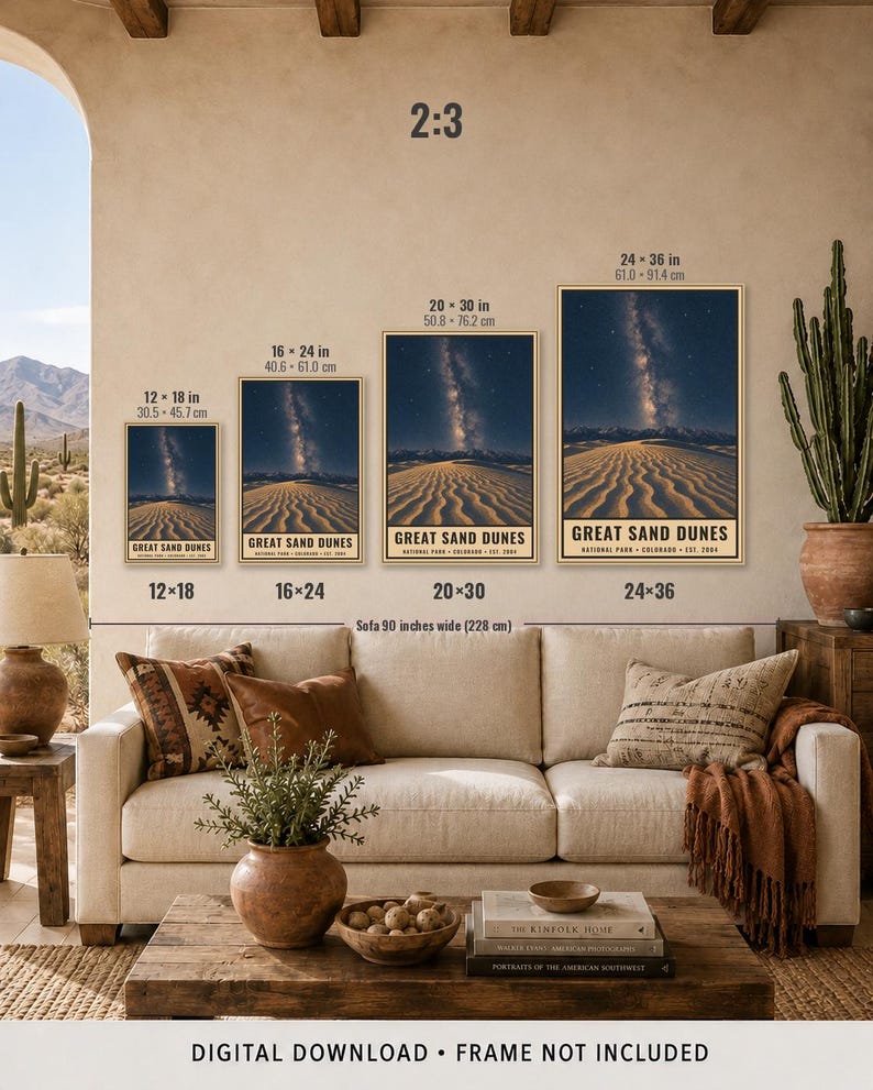 May include: Four vertical wall art prints of Great Sand Dunes National Park in Colorado, featuring a night sky with the Milky Way over sand dunes. Sizes include 12x18, 16x24, 20x30, and 24x36 inches. The text reads Great Sand Dunes National Park Colorado.