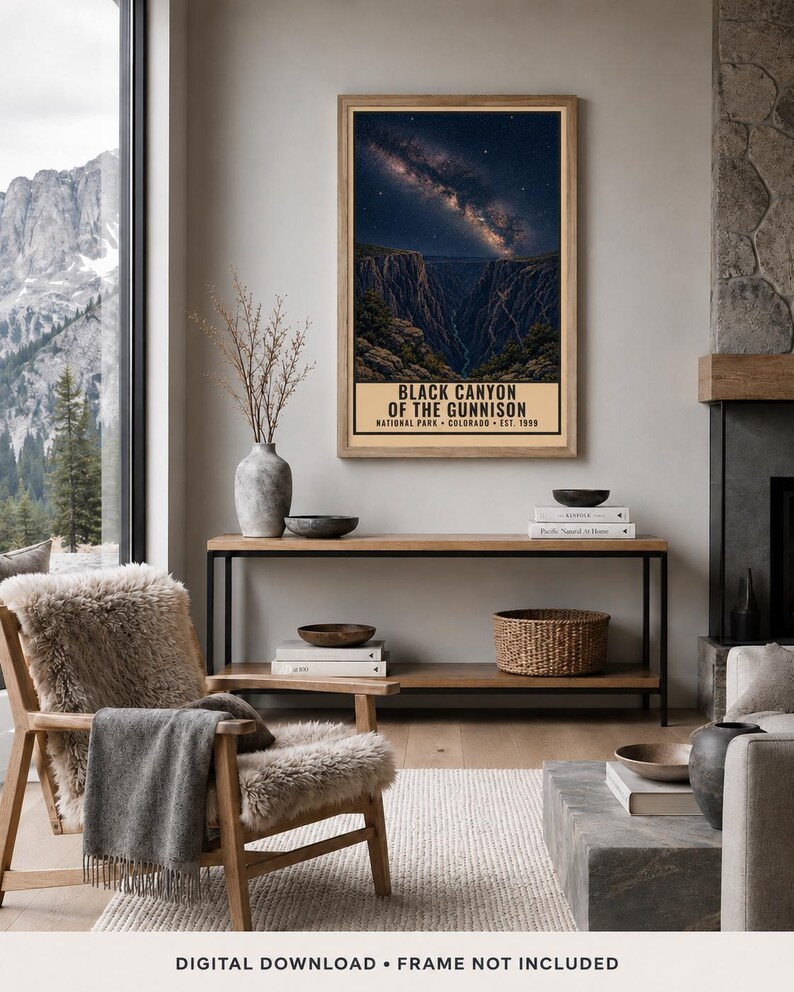 May include: A vertical rectangular wall art print featuring a night sky filled with stars above the dark, deep cliffs of Black Canyon of the Gunnison National Park, Colorado, with the text "BLACK CANYON OF THE GUNNISON NATIONAL PARK COLORADO EST. 1999".