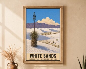 White Sands National Park Poster, New Mexico Desert Dunes Vintage Travel Art, Mid Century Yucca Landscape, Printable Wall Decor