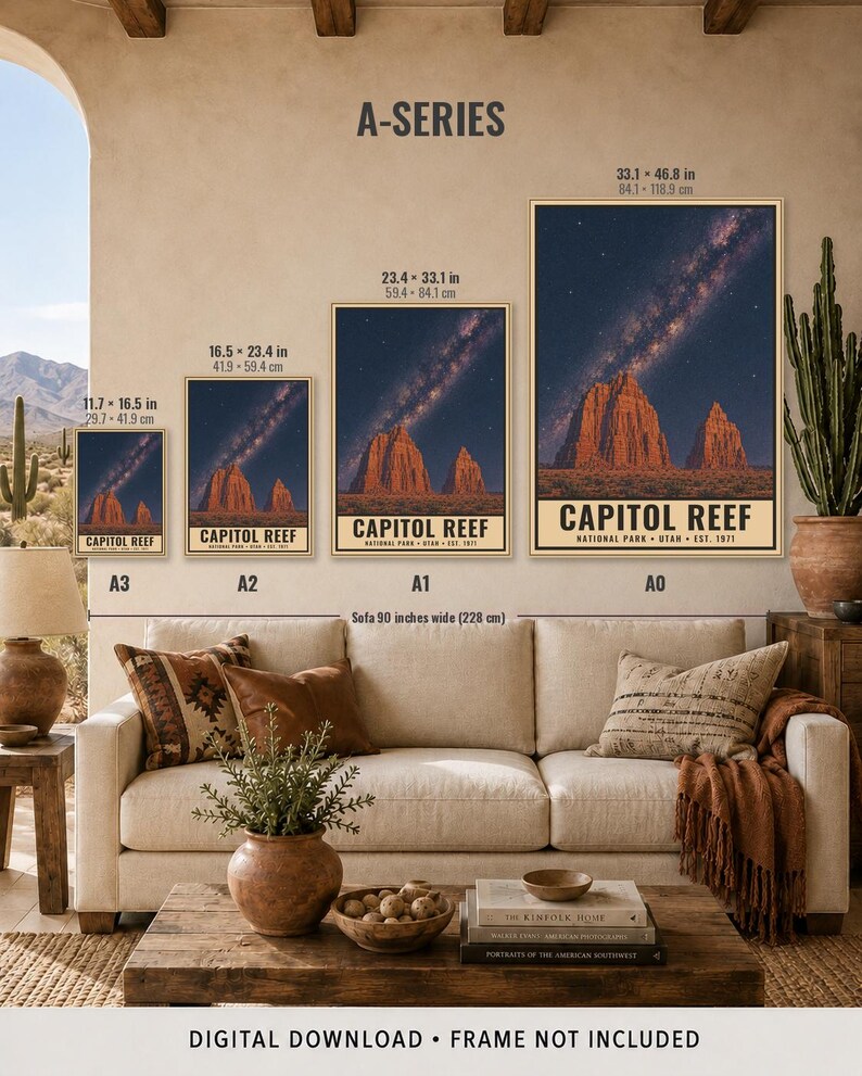 May include: Four framed wall art prints labeled A-Series, ranging from A3 to A0 sizes, depicting the Capitol Reef National Park at night with a starry sky over rock formations. Dimensions are listed in inches, and text reads Capitol Reef National Park Utah Est. 1971.