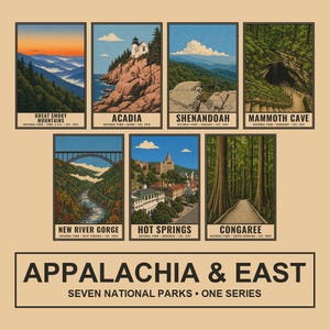 Może przedstawiać: Kolekcja siedmiu ilustrowanych plakat&oacute;w przedstawiających parki narodowe USA: Great Smoky Mountains, Acadia, Shenandoah, Mammoth Cave, New River Gorge, Hot Springs i Congaree. Tekst głosi APPALACHIA & EAST SEVEN NATIONAL PARKS ONE SERIES.