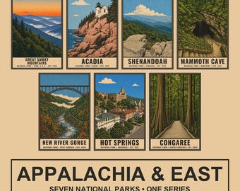 Appalachia Eastern National Parks Bundle, Seven Vintage Travel Prints, Retro Landscape Gallery Wall, Printable Digital Download