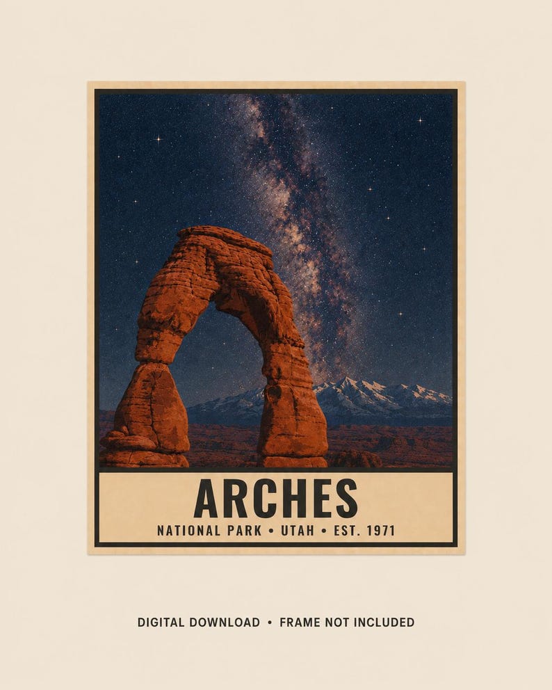 Utah Mighty Five Night Sky-posterset, 5 tryck med Vintergatans nationalpark, väggkonst med stjärnskådning (digital nedladdning) bild 10