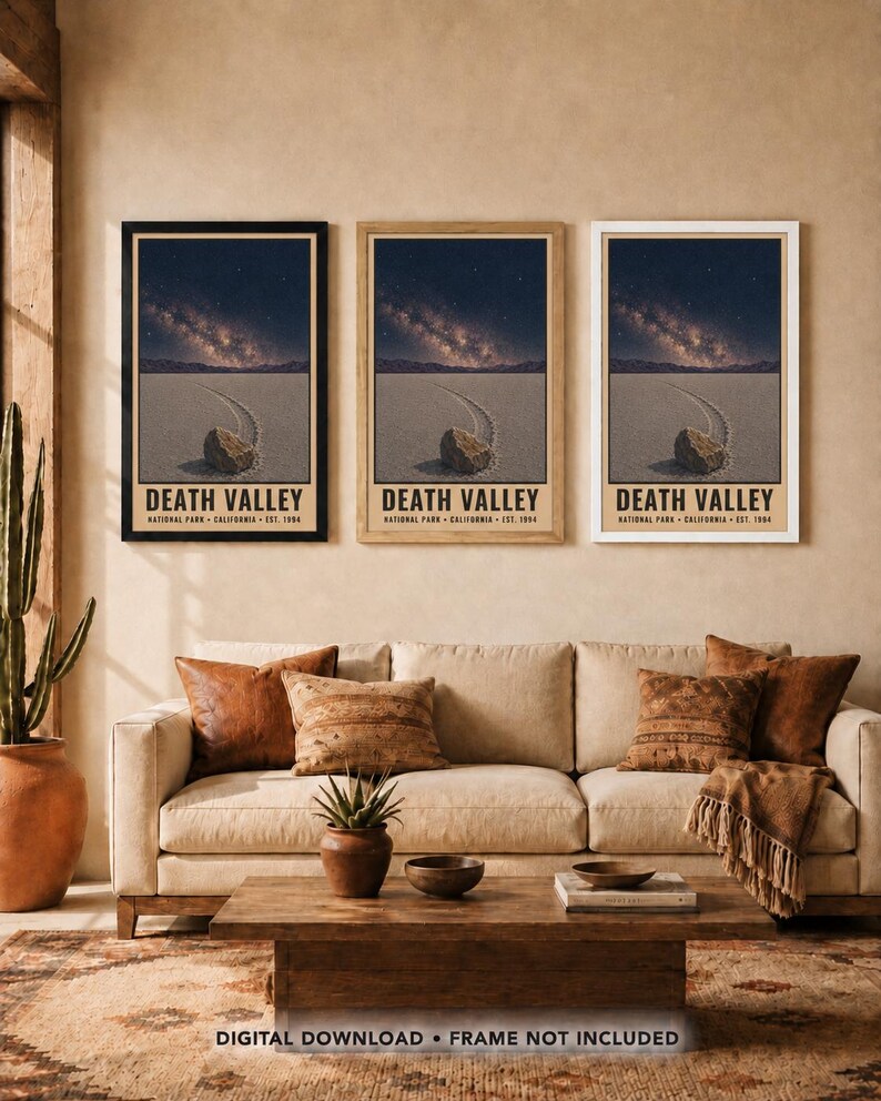 May include: Three vertical wall art prints of Death Valley National Park, California, featuring a desert landscape with a sliding rock under a starry night sky. Each print includes the text DEATH VALLEY NATIONAL PARK CALIFORNIA EST. 1994.