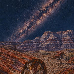 May include: A landscape painting featuring large, reddish-brown petrified wood logs in the foreground, set against a desert terrain with layered, multi-colored rock formations under a dark night sky filled with a bright, glowing Milky Way galaxy.