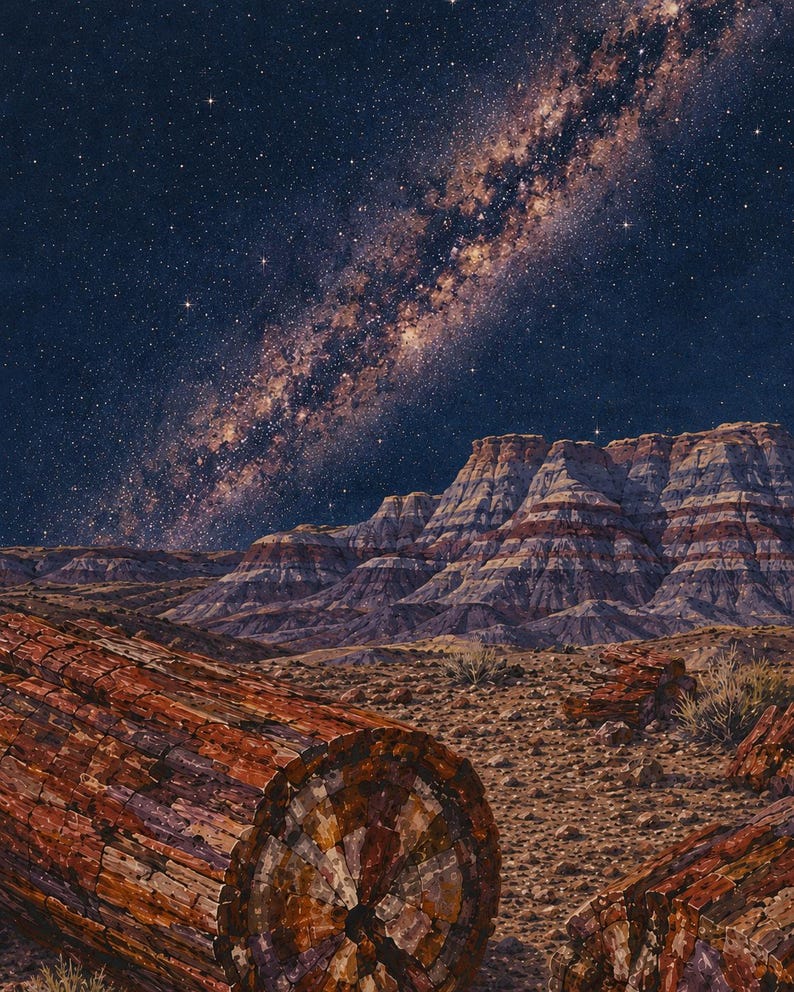 May include: A landscape painting featuring large, reddish-brown petrified wood logs in the foreground, set against a desert terrain with layered, multi-colored rock formations under a dark night sky filled with a bright, glowing Milky Way galaxy.