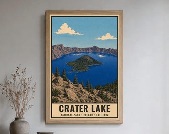 Poster zum Ausdrucken: Crater-Lake-Nationalpark, Vintage-Reisemotiv aus Oregon, blaue Vulkanlandschaft, Wanddekoration zum digitalen Download