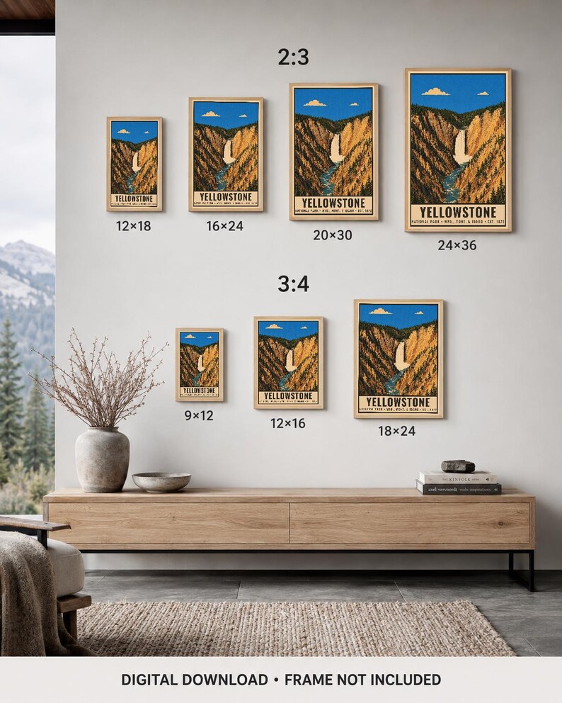 Peut inclure: Sept affiches encadr&eacute;es du parc national de Yellowstone aux formats 2:3 et 3:4, illustrant une cascade dans un canyon sous un ciel bleu. Les dimensions indiqu&eacute;es sont 12x18, 16x24, 20x30, 24x36, 9x12, 12x16 et 18x24. Texte : DIGITAL DOWNLOAD.