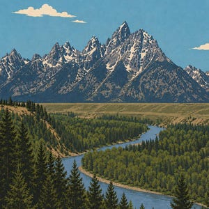 Peut inclure: Une illustration de paysage montrant une rivi&egrave;re bleue sinueuse traversant une for&ecirc;t dense de pins, menant vers une vaste vall&eacute;e et une cha&icirc;ne de montagnes d&eacute;chiquet&eacute;es aux sommets enneig&eacute;s sous un ciel bleu clair avec quelques nuages.