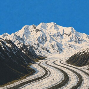 K&ouml;nnte beinhalten: Ein Landschaftsdruck mit einem massiven, schneebedeckten Berggipfel unter einem klaren blauen Himmel. Ein gewundener Gletscher mit markanten dunklen Mor&auml;nenlinien flie&szlig;t durch das Tal, wobei zwei kleine Figuren in der Ferne auf dem Eis gehen.