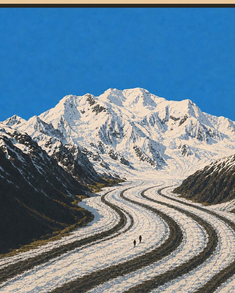 K&ouml;nnte beinhalten: Ein Landschaftsdruck mit einem massiven, schneebedeckten Berggipfel unter einem klaren blauen Himmel. Ein gewundener Gletscher mit markanten dunklen Mor&auml;nenlinien flie&szlig;t durch das Tal, wobei zwei kleine Figuren in der Ferne auf dem Eis gehen.