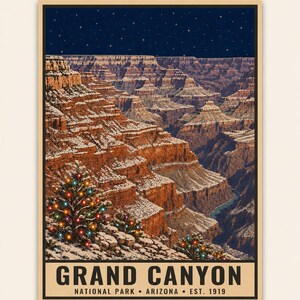 May include: A vertical poster featuring a snowy Grand Canyon landscape under a dark blue starry night sky. A pine tree in the foreground is decorated with colorful glowing lights. The text reads GRAND CANYON NATIONAL PARK ARIZONA EST. 1919.