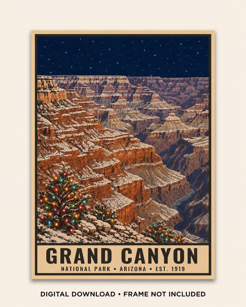 May include: A vertical poster featuring a snowy Grand Canyon landscape under a dark blue starry night sky. A pine tree in the foreground is decorated with colorful glowing lights. The text reads GRAND CANYON NATIONAL PARK ARIZONA EST. 1919.
