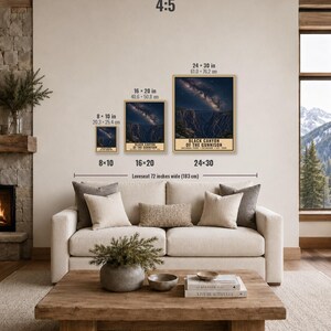 May include: Three framed vertical posters of Black Canyon of the Gunnison National Park with a starry night sky, displayed in 8x10, 16x20, and 24x30 inch sizes above a 72-inch wide loveseat. The text reads Black Canyon of the Gunnison National Park.