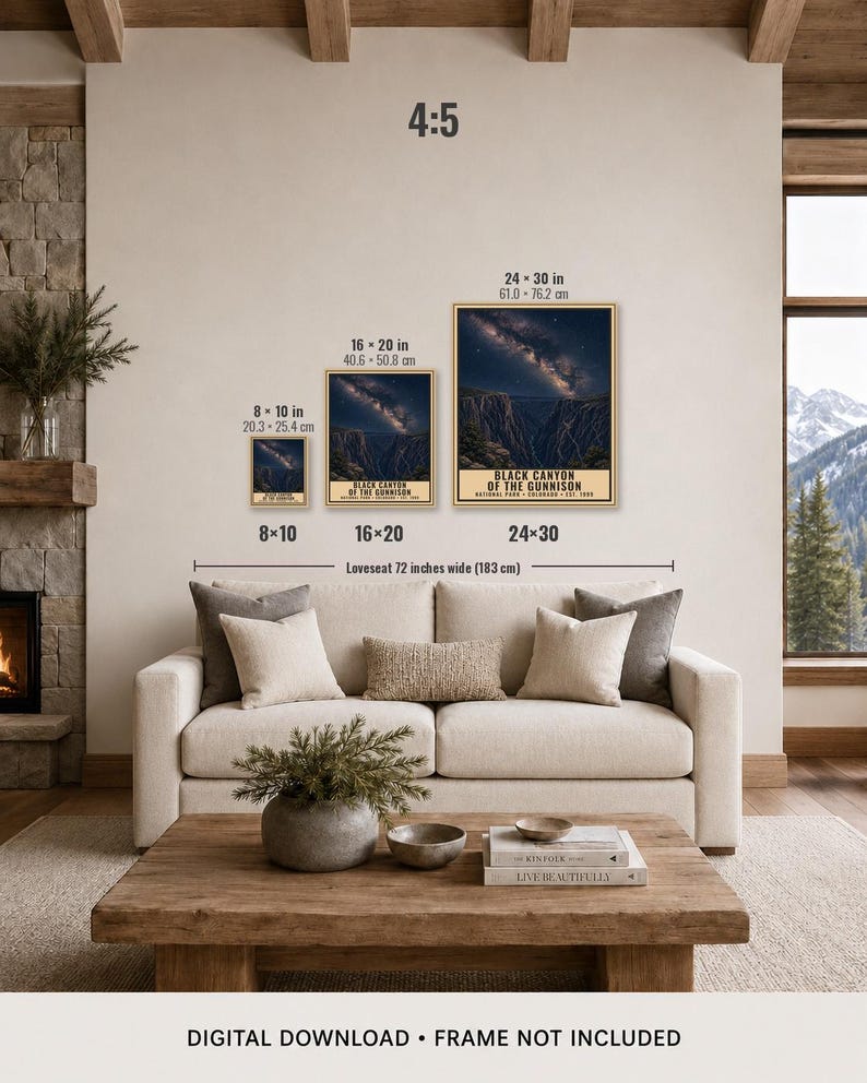 May include: Three framed vertical posters of Black Canyon of the Gunnison National Park with a starry night sky, displayed in 8x10, 16x20, and 24x30 inch sizes above a 72-inch wide loveseat. The text reads Black Canyon of the Gunnison National Park.
