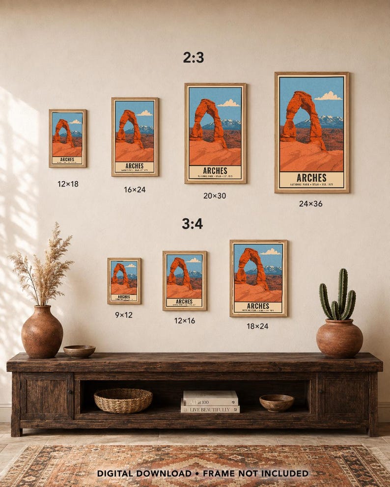 Arches National Park Poster, Delicate Arch Utah Vintage Travel Print, Retro Desert Landscape Wall Art, 1960s WPA Style Printable Decor image 5