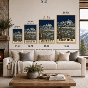May include: Four vertical wall art prints of Grand Teton National Park, Wyoming, featuring a starry night sky over snow-capped mountains and pine trees. Available in sizes 12x18, 16x24, 20x30, and 24x36 inches. The text reads Grand Teton National Park, Wyoming, Est. 1929.