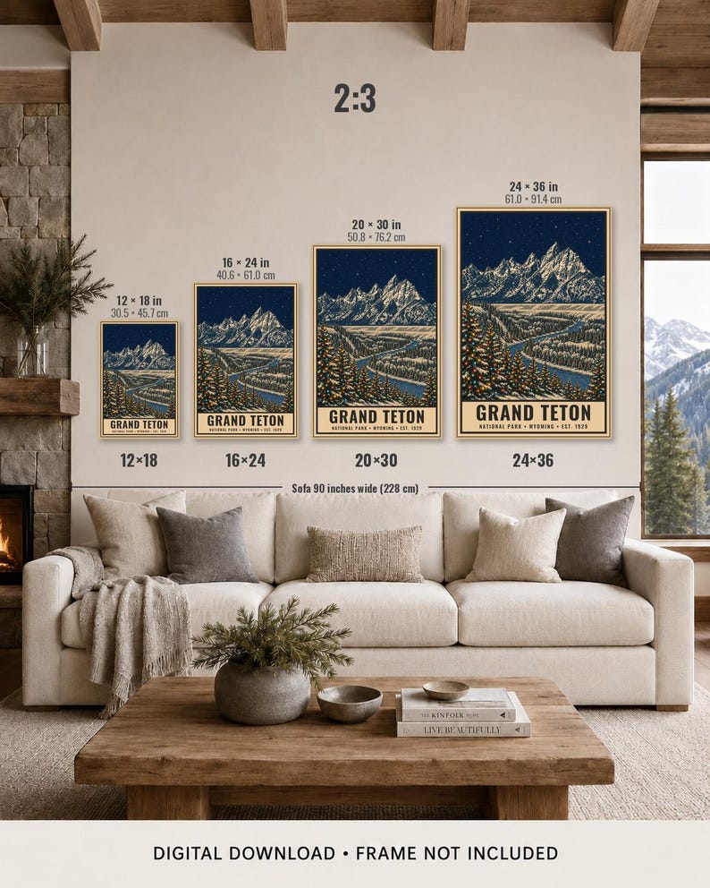 May include: Four vertical wall art prints of Grand Teton National Park, Wyoming, featuring a starry night sky over snow-capped mountains and pine trees. Available in sizes 12x18, 16x24, 20x30, and 24x36 inches. The text reads Grand Teton National Park, Wyoming, Est. 1929.