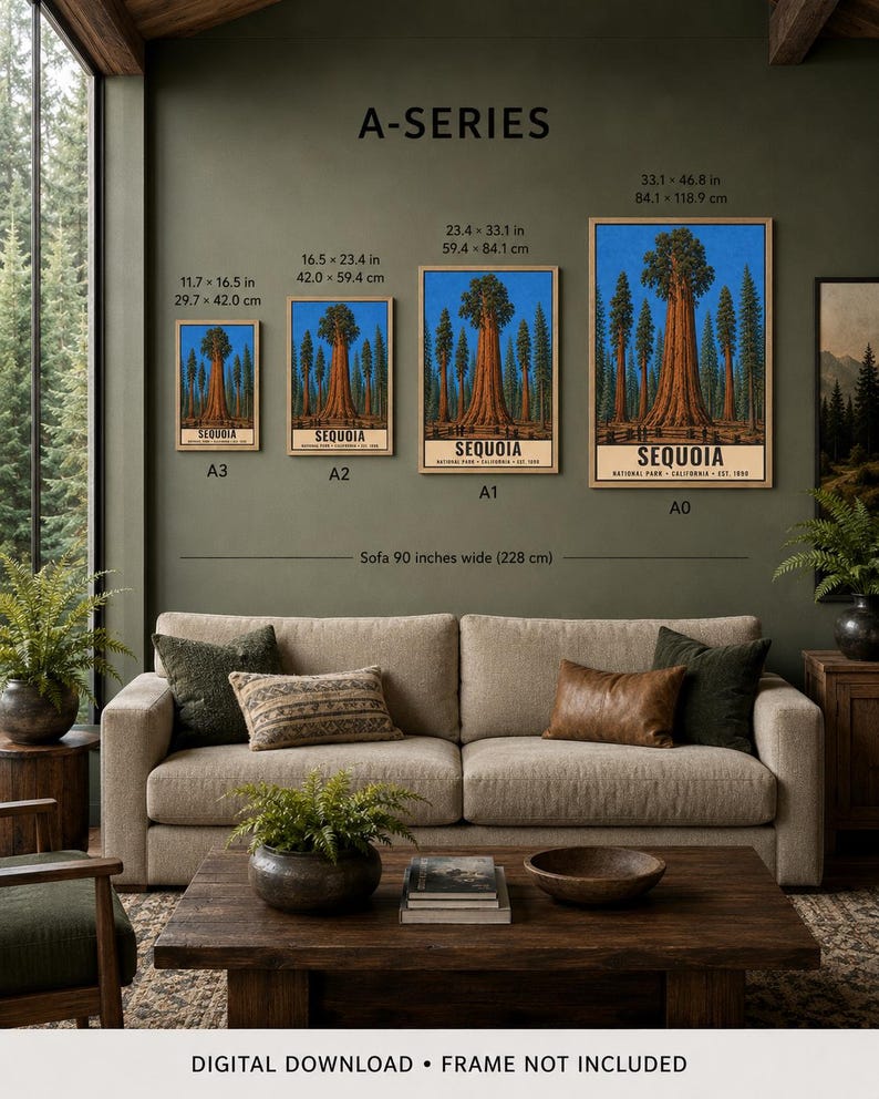 Plakat z Parkiem Narodowym Sekwoi, wydruk podróżny z gigantycznymi drzewami z Kalifornii w stylu vintage, grafika ścienna z sylwetką lasu w stylu retro, sitodruk w stylu WPA do druku zdjęcie 11