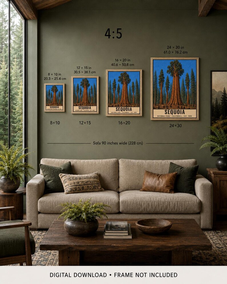 Plakat z Parkiem Narodowym Sekwoi, wydruk podróżny z gigantycznymi drzewami z Kalifornii w stylu vintage, grafika ścienna z sylwetką lasu w stylu retro, sitodruk w stylu WPA do druku zdjęcie 10