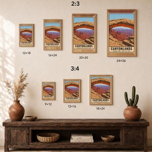 Może przedstawiać: Kolekcja plakat&oacute;w Parku Narodowego Canyonlands w proporcjach 2:3 i 3:4, z wymiarami w calach: 12x18, 16x24, 20x30, 24x36, 9x12, 12x16 oraz 18x24. Tekst na plakatach brzmi Canyonlands National Park Utah Est. 1964.