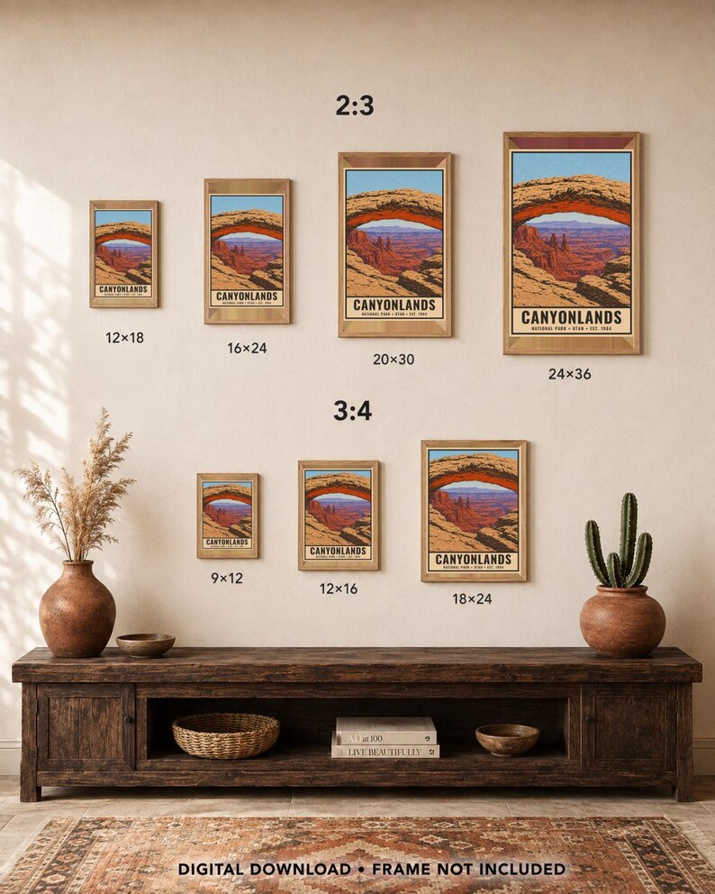 Może przedstawiać: Kolekcja plakat&oacute;w Parku Narodowego Canyonlands w proporcjach 2:3 i 3:4, z wymiarami w calach: 12x18, 16x24, 20x30, 24x36, 9x12, 12x16 oraz 18x24. Tekst na plakatach brzmi Canyonlands National Park Utah Est. 1964.