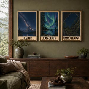 May include: A set of three vertical posters featuring national parks. The first shows Glacier with a starry sky, the second depicts Voyageurs with northern lights, and the third displays Mammoth Cave with a starry night. Text reads DIGITAL DOWNLOAD.