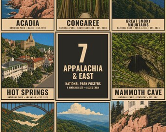 Appalachia National Park Poster Set, 7 Vintage Travel Prints, Smoky Mountains, Acadia, Shenandoah, Wall Art (Digital Download)