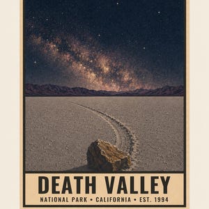 May include: A rectangular poster featuring a night sky with a visible Milky Way over a desert landscape. A single rock sits on cracked earth with a trail behind it. The text reads: DEATH VALLEY NATIONAL PARK CALIFORNIA EST. 1994.