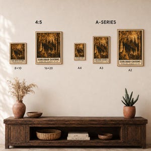 May include: A set of five framed posters depicting Carlsbad Caverns National Park in New Mexico, labelled with sizes 8x10, 16x20, A4, A3, and A2. The posters feature a dark, golden-toned illustration of cave formations and text at the bottom.