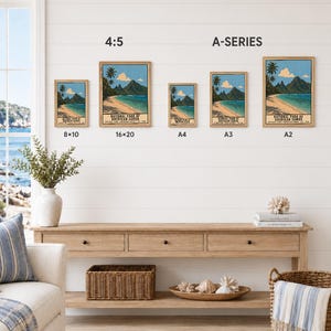 May include: Five framed wall art prints of the National Park of American Samoa, displayed in 8x10, 16x20, A4, A3, and A2 sizes. The prints feature a tropical beach, palm trees, and mountains. Text reads: National Park of American Samoa.