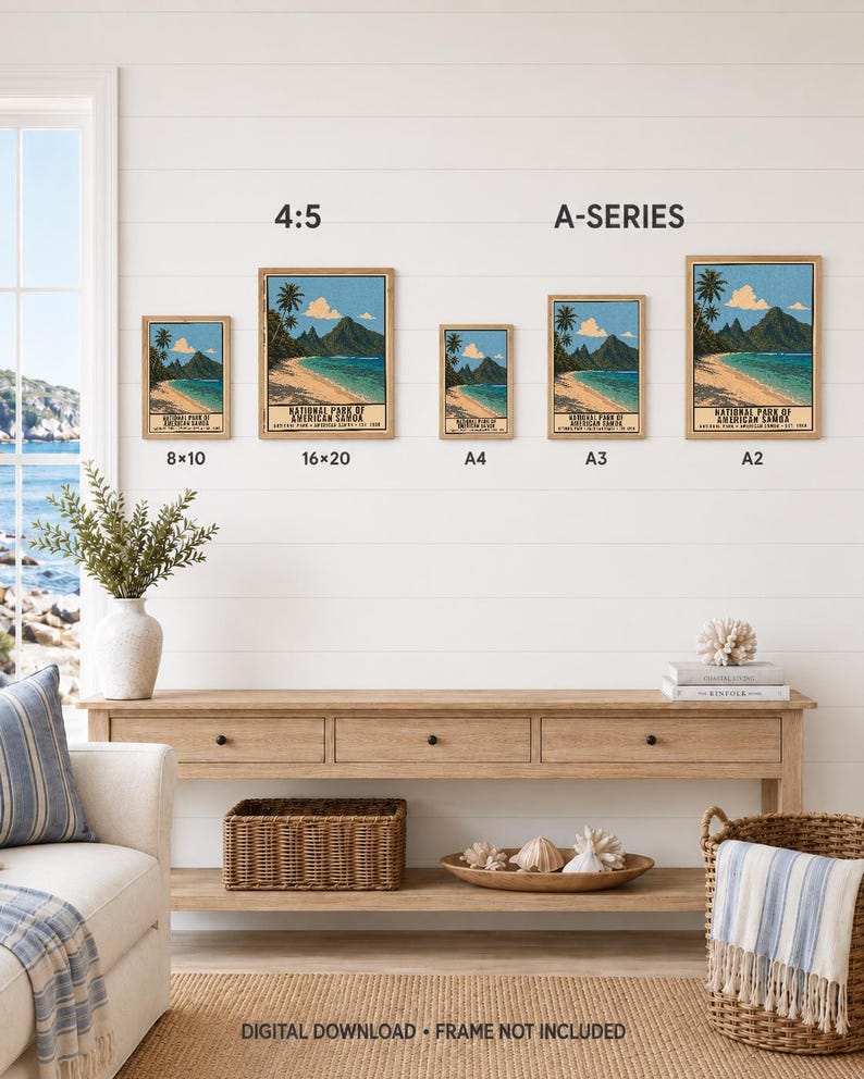 May include: Five framed wall art prints of the National Park of American Samoa, displayed in 8x10, 16x20, A4, A3, and A2 sizes. The prints feature a tropical beach, palm trees, and mountains. Text reads: National Park of American Samoa.