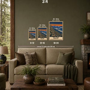 May include: Three rectangular wall art prints of Great Smoky Mountains National Park in sizes 9x12 inches, 12x16 inches, and 18x24 inches. The prints feature a snowy mountain landscape at sunset with orange, blue, and white colors and text.