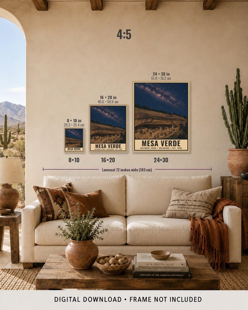 May include: Three rectangular wall art prints featuring a night sky over Mesa Verde National Park, displayed in sizes 8x10 inches, 16x20 inches, and 24x30 inches. Each print shows the text MESA VERDE NATIONAL PARK COLORADO EST. 1906 at the bottom.